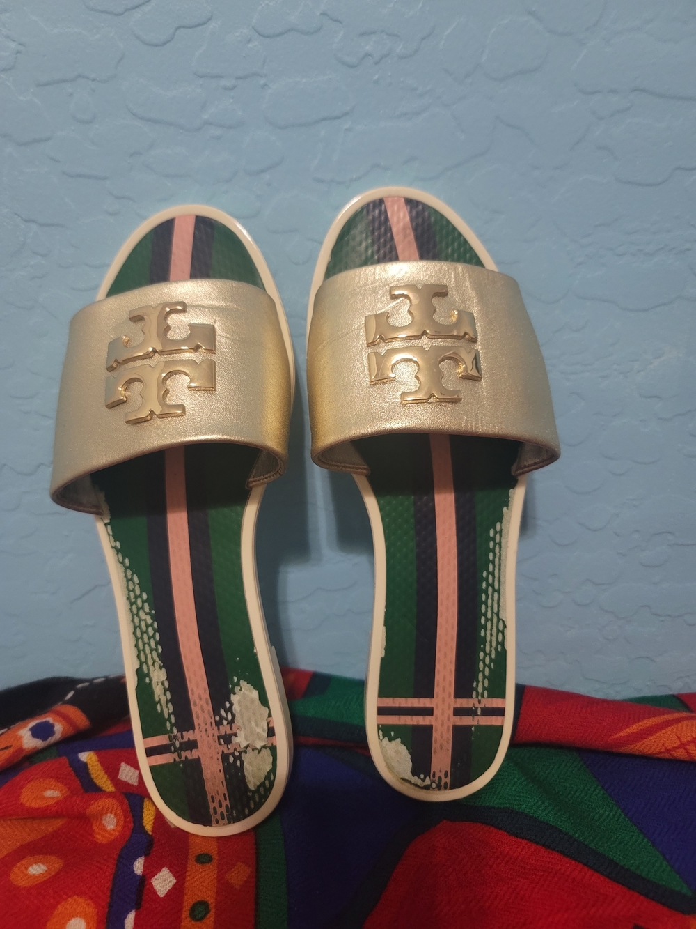 Tory Burch Metallic Gold Logo Slides with Green and Pink Striped Footbed